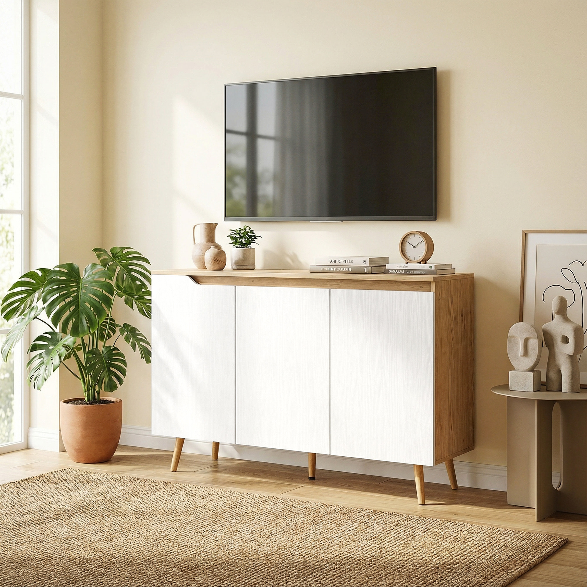 Aparador de 3 Puertas, Aparador de Salón con Estantes Ajustables, Patas de Madera, para Cocina, Entrada, Dormitorio, Roble y Blanco, 107x35x76,5 cm