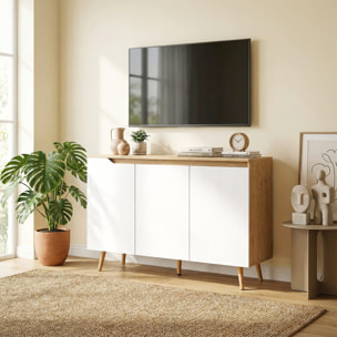 Aparador de 3 Puertas, Aparador de Salón con Estantes Ajustables, Patas de Madera, para Cocina, Entrada, Dormitorio, Roble y Blanco, 107x35x76,5 cm