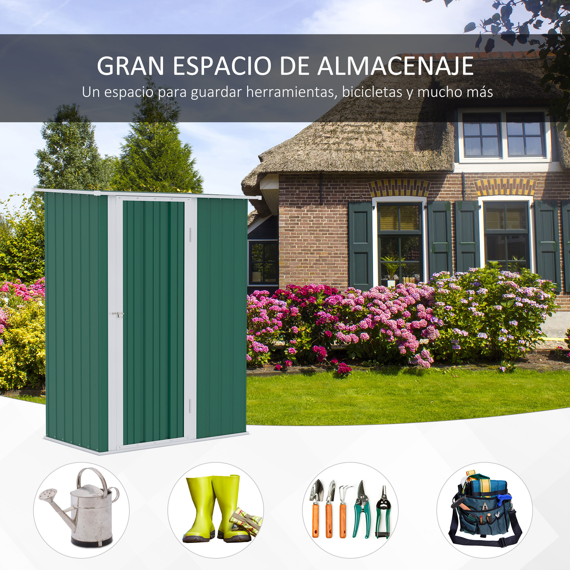 Outsunny Caseta de Jardín 1,07m² 142x84x189cm Acero Galvanizado con Puerta Verde