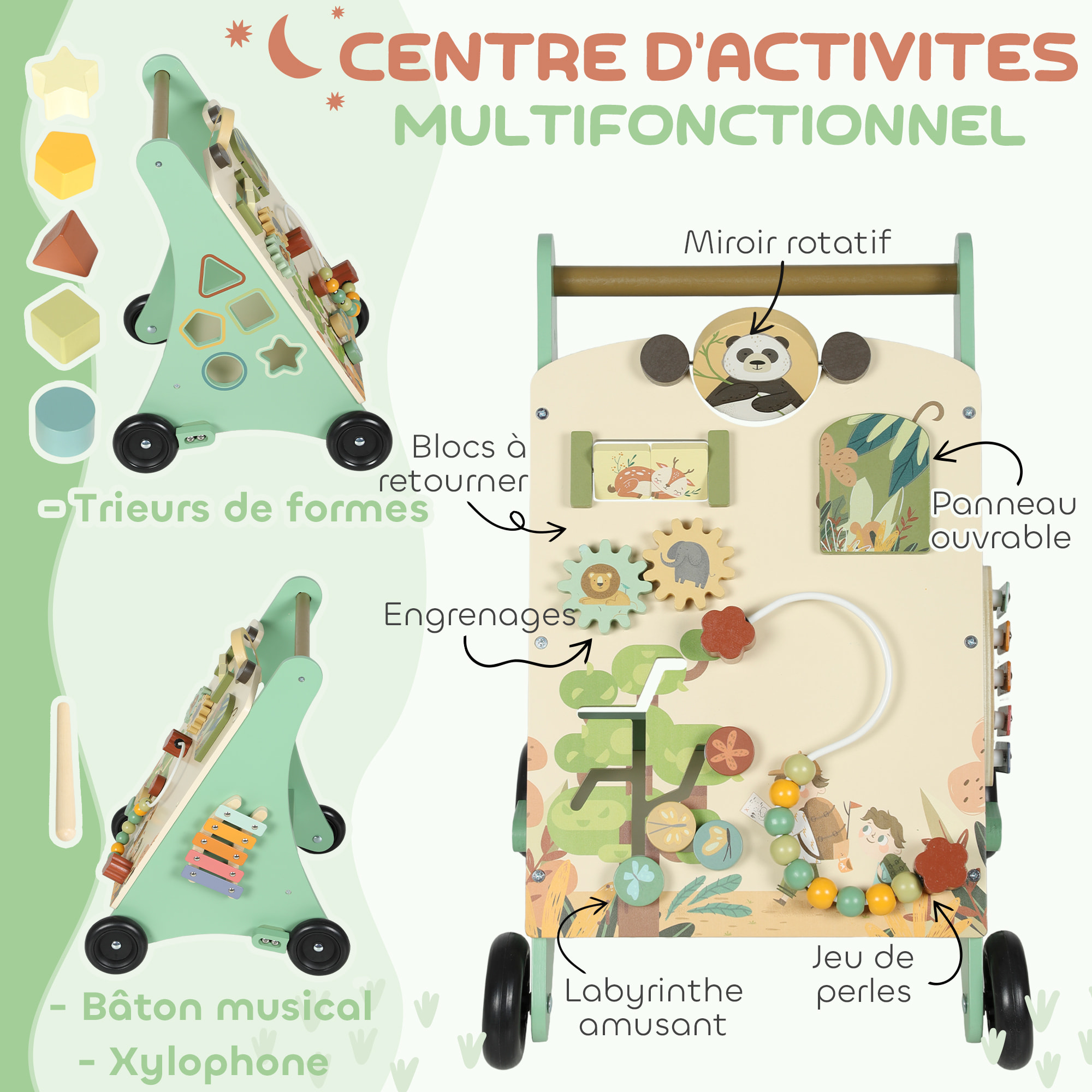 Chariot de marche multi-activités bois - trotteur bois - modèle jungle adventure