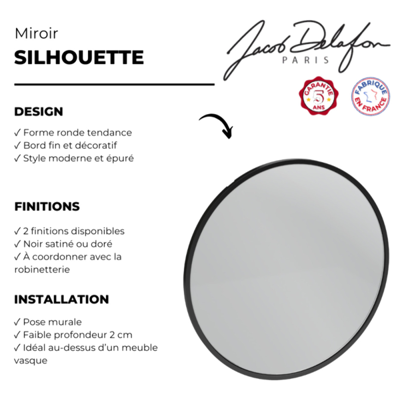 Miroir rond Silhouette noir satiné