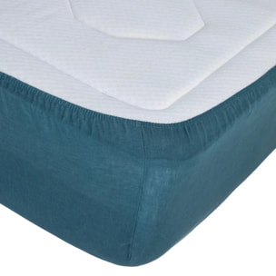 Drap-housse "Linah" - bleu canard - lin lavé 140x190 cm