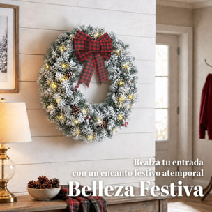 HOMCOM Corona de Navidad Puerta Efecto Nevado con 50 LED Luces, 8 Modos, Guirnalda de Navidad con Piñas, Bayas y Lazo Festivo, Corona Navideña Artificial, Decoración para Chimenea, Pared, Ventana