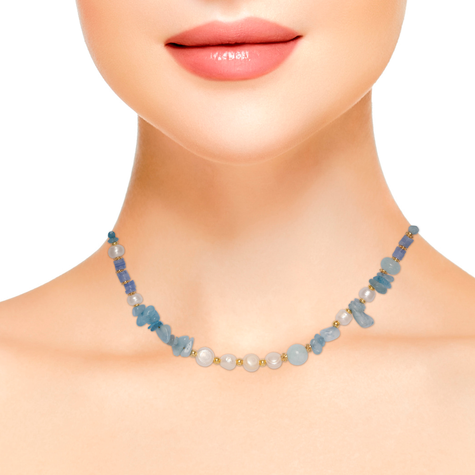 Egeria Collar de perlas naturales y aguamarina, con cierre de mosquetón.