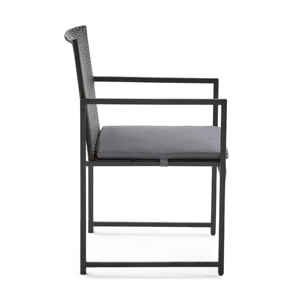 Olaria - ensemble table et chaises de jardin en acier noir - 8 places - coussins gris - Noir / Gris