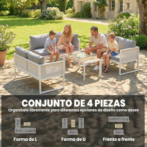 Conjunto de Muebles Jardín Exterior de 4 Piezas Sofá Exterior Seccional Forma de L con 3 Sofás de 2 Plazas Asiento de Textilene Mesa con Tablero Efecto Madera WPC Cojines Gris Claro y Blanco