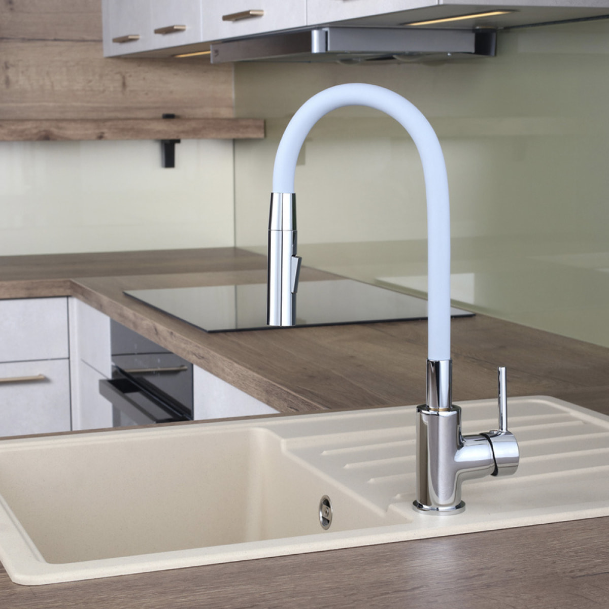 mitigeur cuisine à mémoire de forme, 2 types de jet mousseur ou douchette, courbe en silicone gris (SIKOBSLPRO290S2F)
