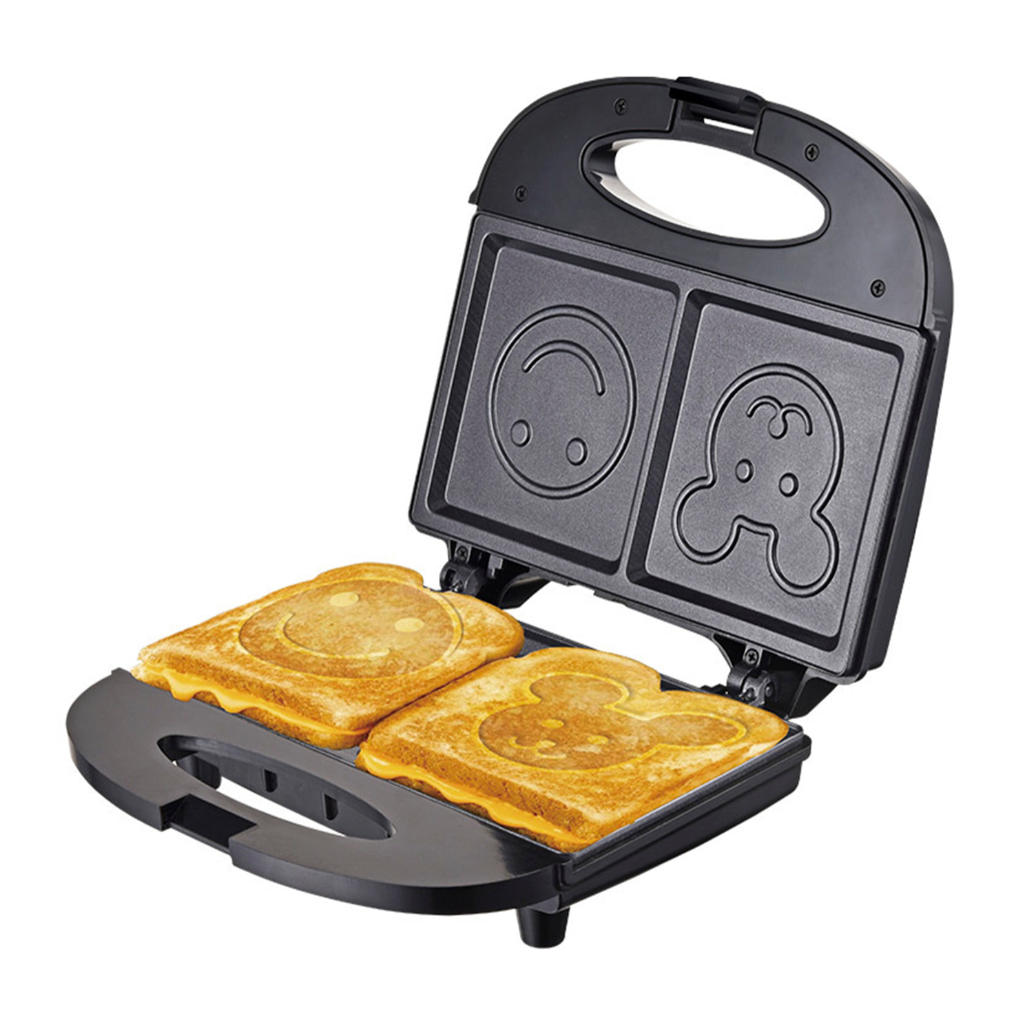 Macchina per waffle, macchina per sandwich doppia portatile con stampo a forma di cartone animato da 750 W, fissaggio a clip, indicatore di alimentazione.