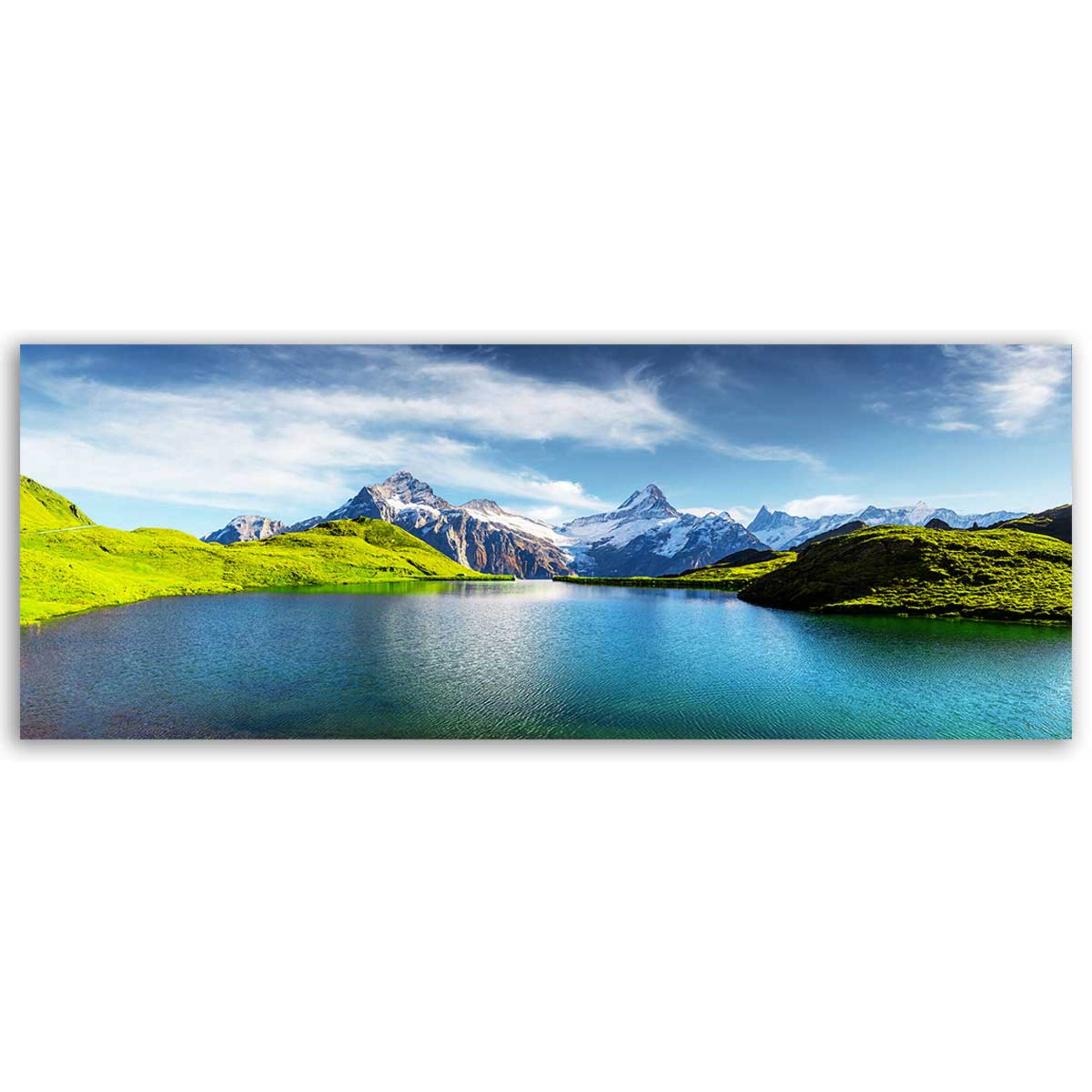 Tableau panoramique lac alpin turquoise et sommets enneigés été Toile imprimée