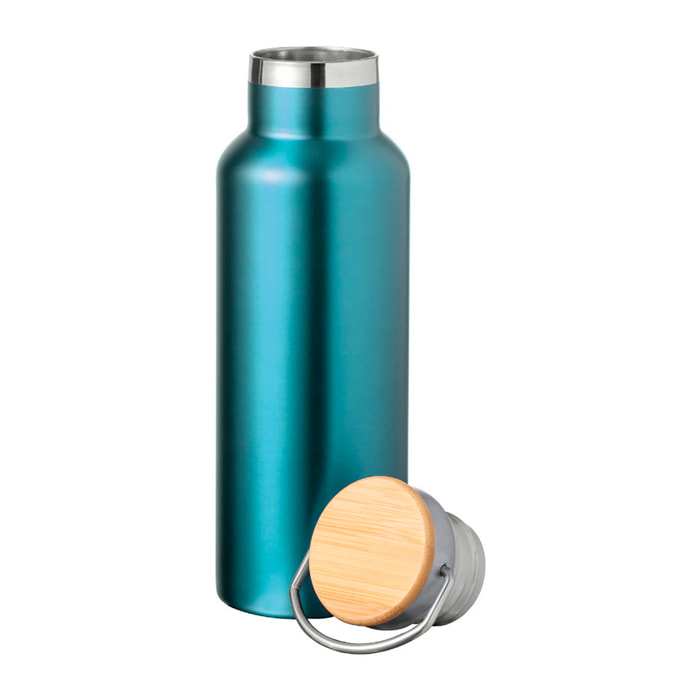 Bidón térmico de 500 ml de capacidad en acero inox de doble pared. Incluye tapón a rosca y asa integrada.