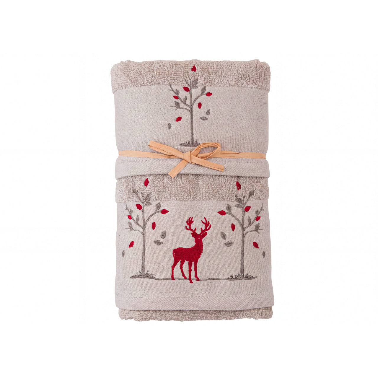 Set Asciugamano Ospite in Spugna 100% Cotone Fantasia Tirolese Natalizia Disegno Renna Bosco Tortora