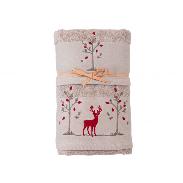 Set Asciugamano Ospite in Spugna 100% Cotone Fantasia Tirolese Natalizia Disegno Renna Bosco Tortora