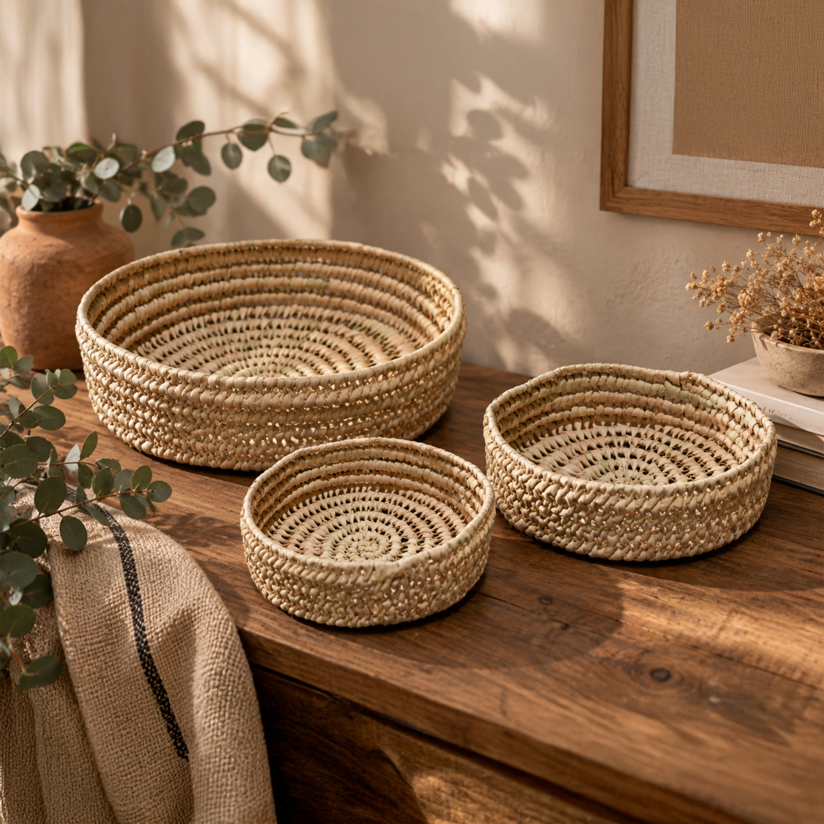 Panier rond ajouré en feuille de palmier tressé - Naturel