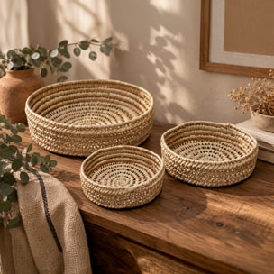 Panier rond ajouré en feuille de palmier tressé - Naturel