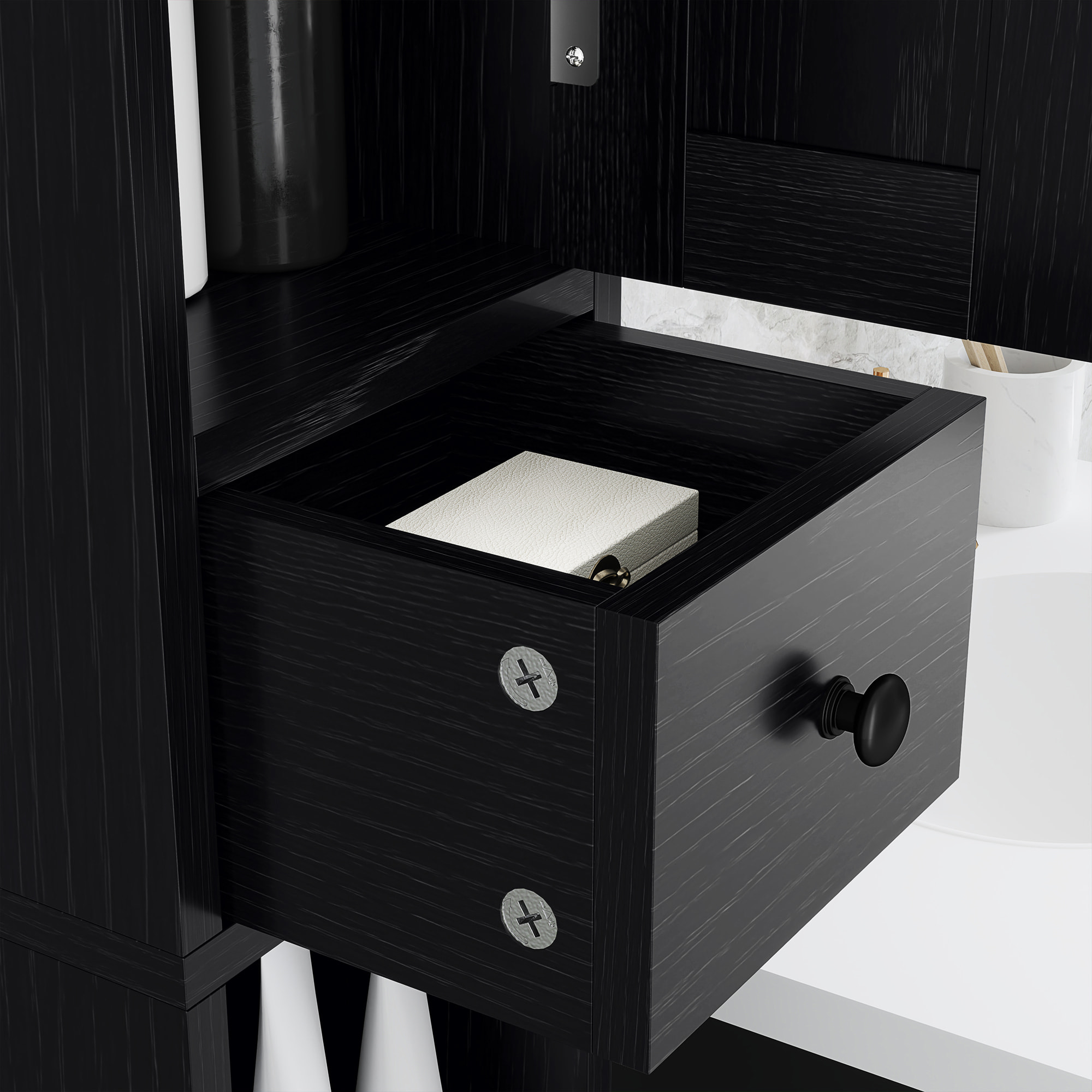 Columna de Baño Estrecha con 2 Puertas Armario Alto de Baño Rústico con Cajón Compartimento Abierto Estantes Ajustables y Portarrollos 20x20x185 cm Negro