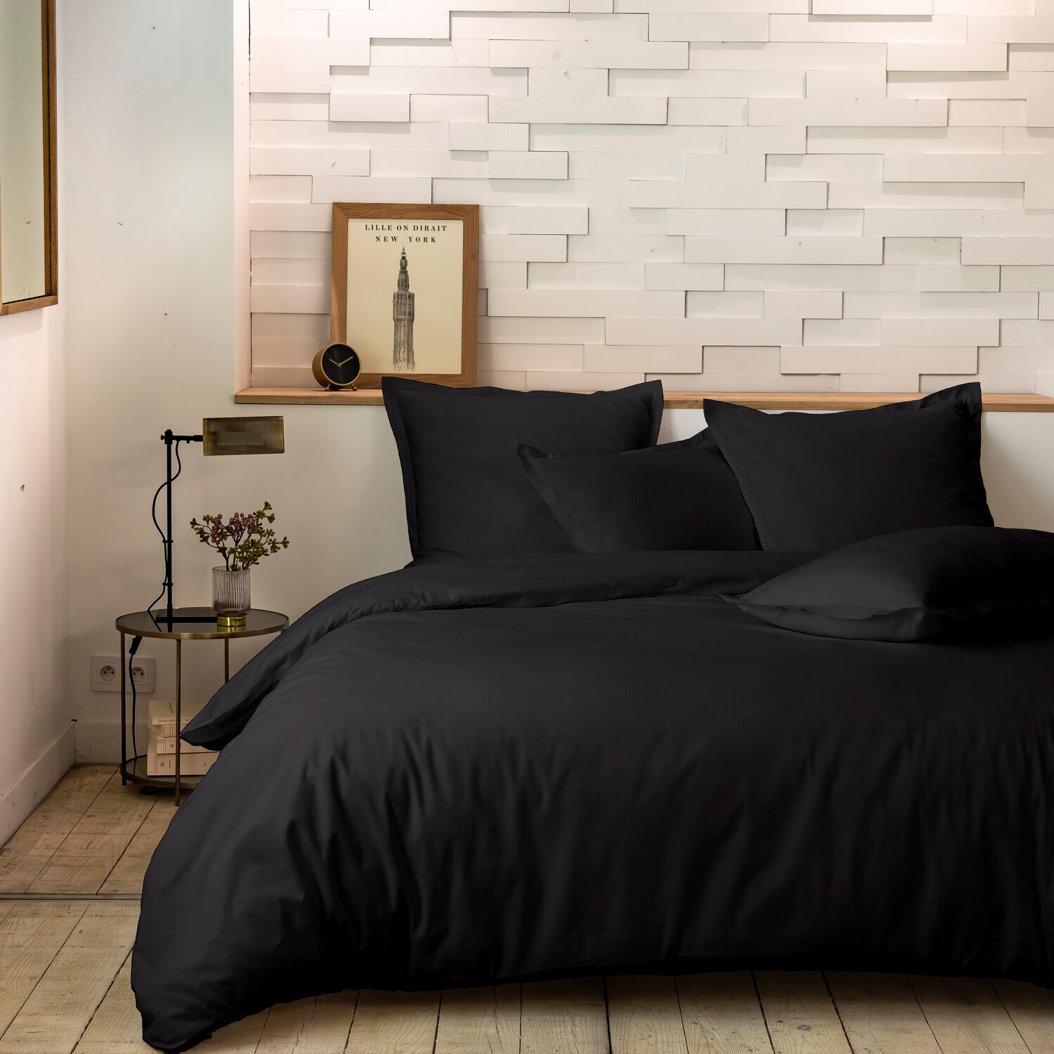 Parure housse de couette unie 100% percale de coton - mura - noir