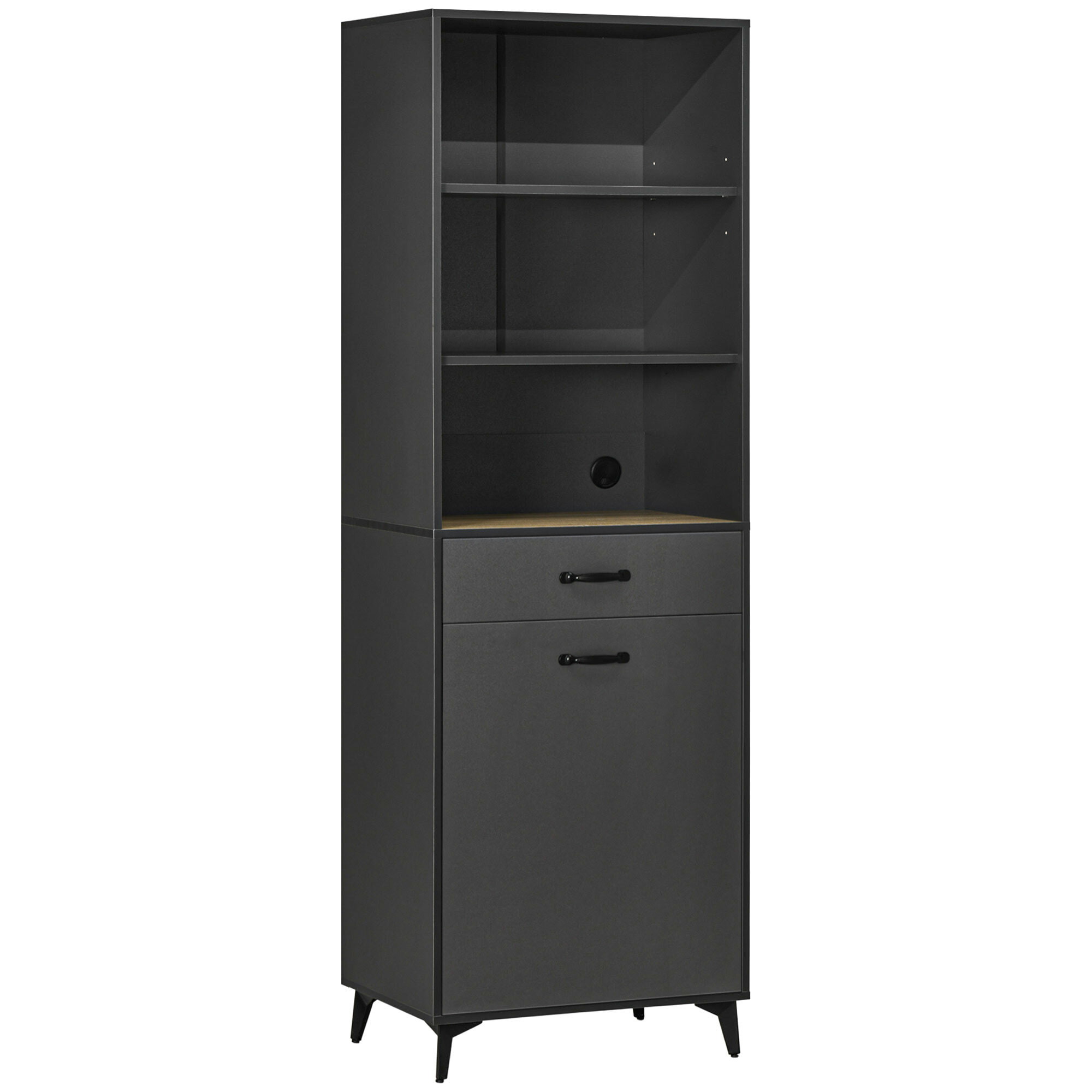 Buffet haut design industriel multi-rangement - porte avec étagère, tiroir, 3 niches - piètement métal noir MDF gris