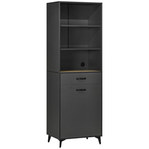 Buffet haut design industriel multi-rangement - porte avec étagère, tiroir, 3 niches - piètement métal noir MDF gris