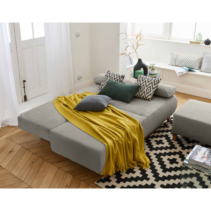 Cristal - canapé 3 places - convertible avec coffre et pouf - en velours côtelé - Gris clair
