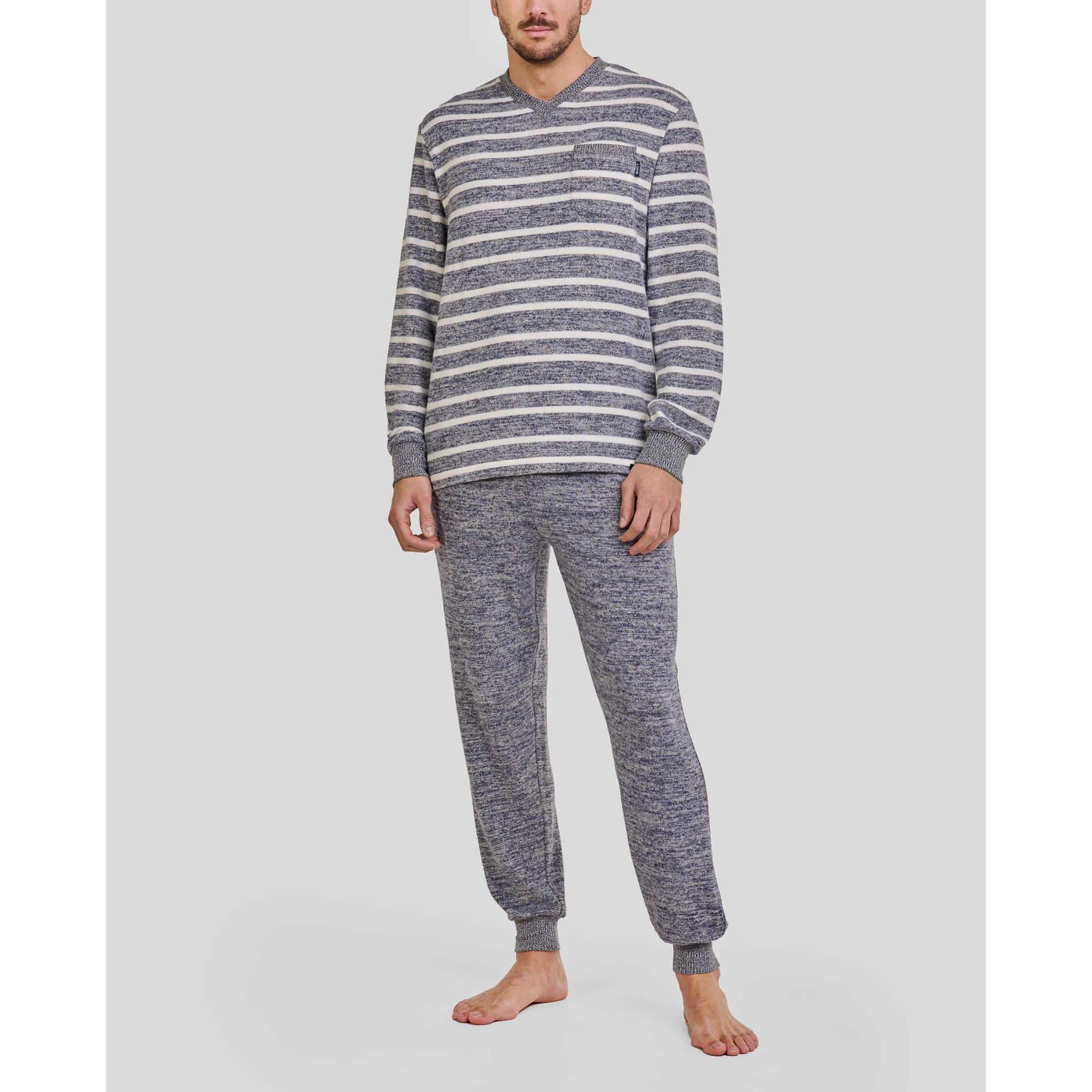 Pijama hombre, tejido vigoré de rayas en la parte superior, escote en pico, manga larga con puños y pantalón liso con puños