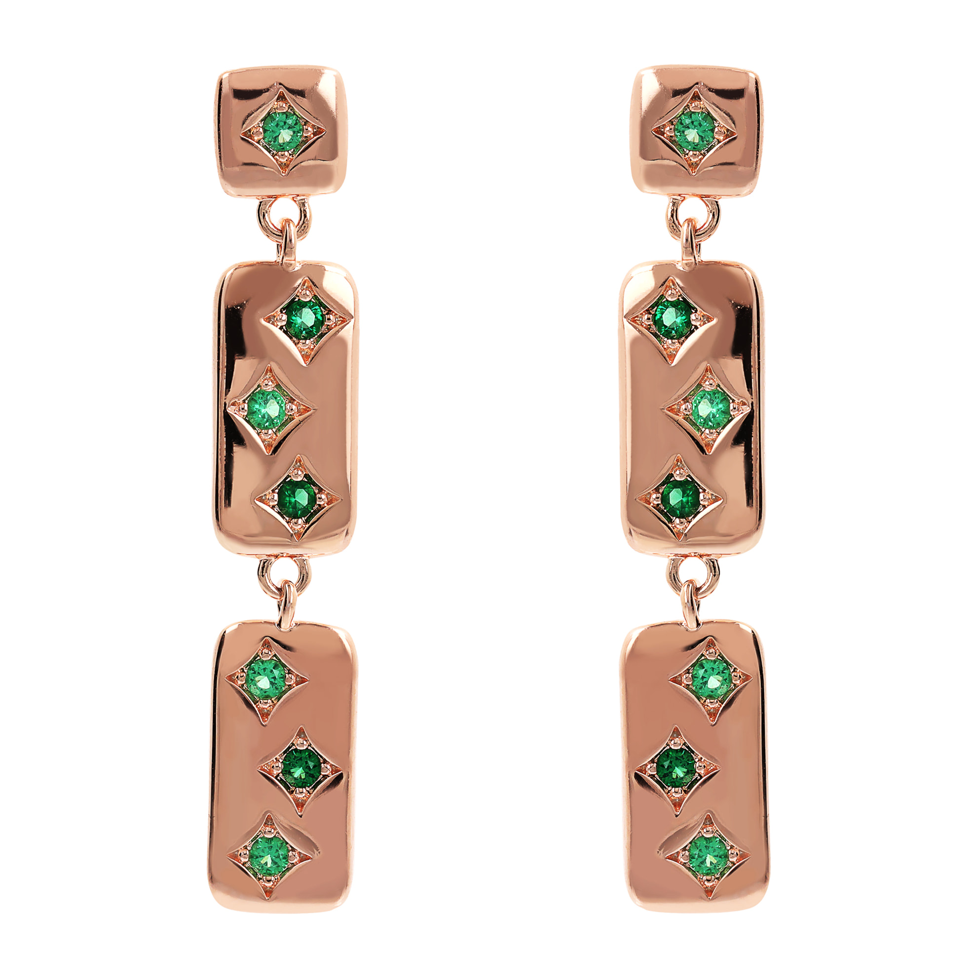 Orecchini Pendenti Étoile con Elementi Rettangolari e Punti Luce in Cubic Zirconia Verdi