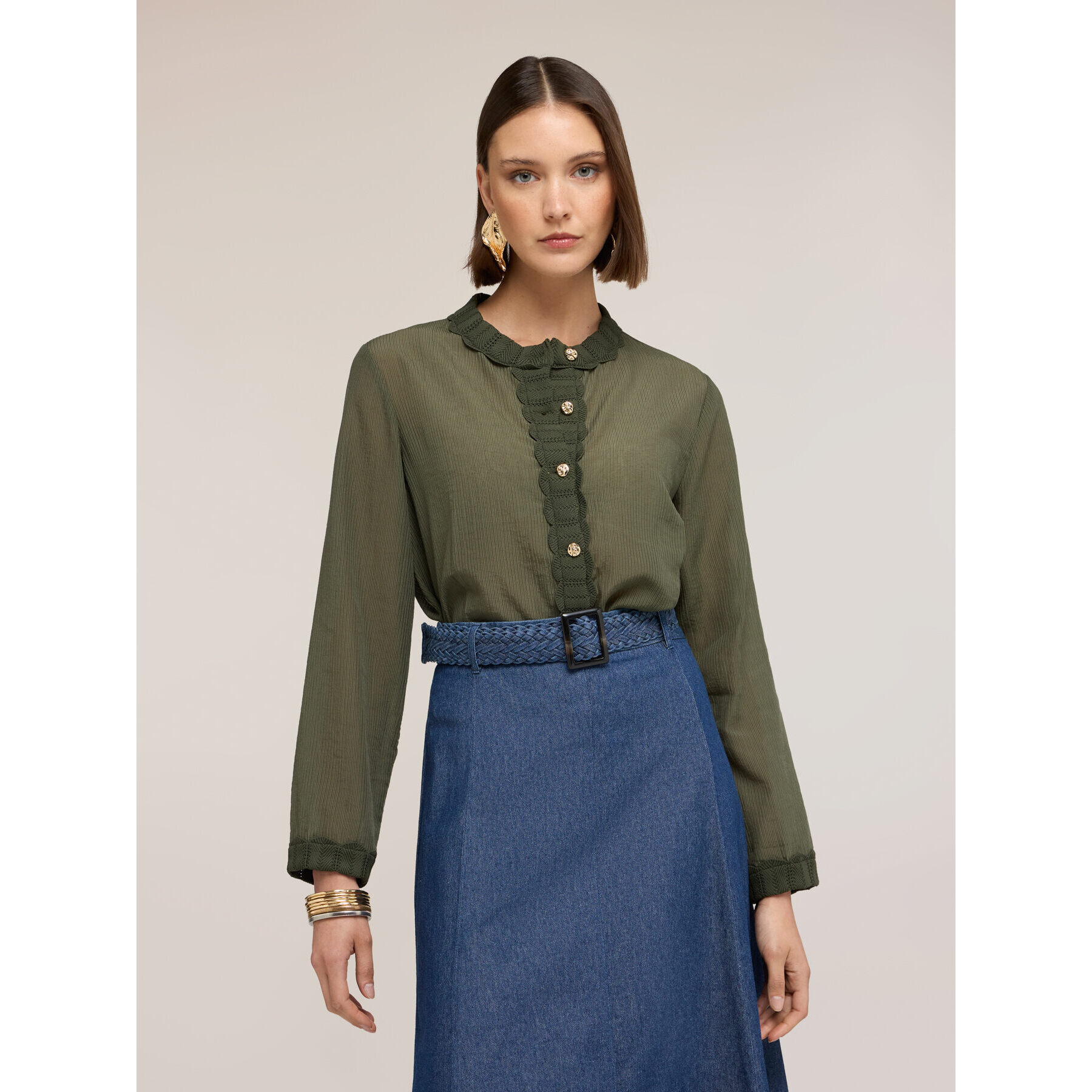 Motivi - Camisa de mezcla de lyocell con bordes de punto - Verde militare