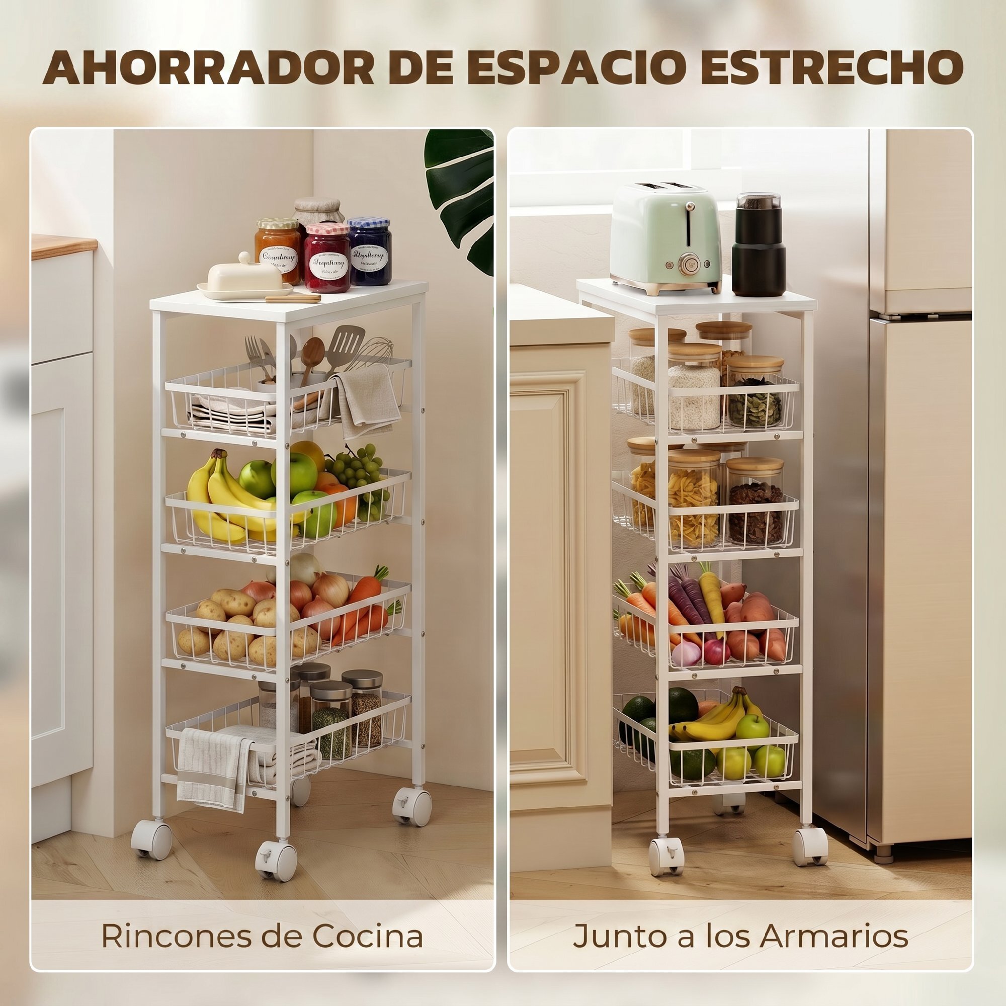Carrito Auxiliar con Ruedas, Carrito de Cocina con 4 Cestas Extraíbles, Carga 15 kg, Marco Metálico, para Comedor, Sala de Estar, Baño, 40x24x82 cm, Blanco