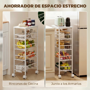 Carrito Auxiliar con Ruedas, Carrito de Cocina con 4 Cestas Extraíbles, Carga 15 kg, Marco Metálico, para Comedor, Sala de Estar, Baño, 40x24x82 cm, Blanco