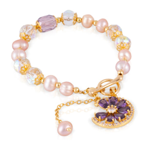 Pulsera con colgante de margarita, circonitas multicolor, cristal brillante de doble cara y perlas naturales.