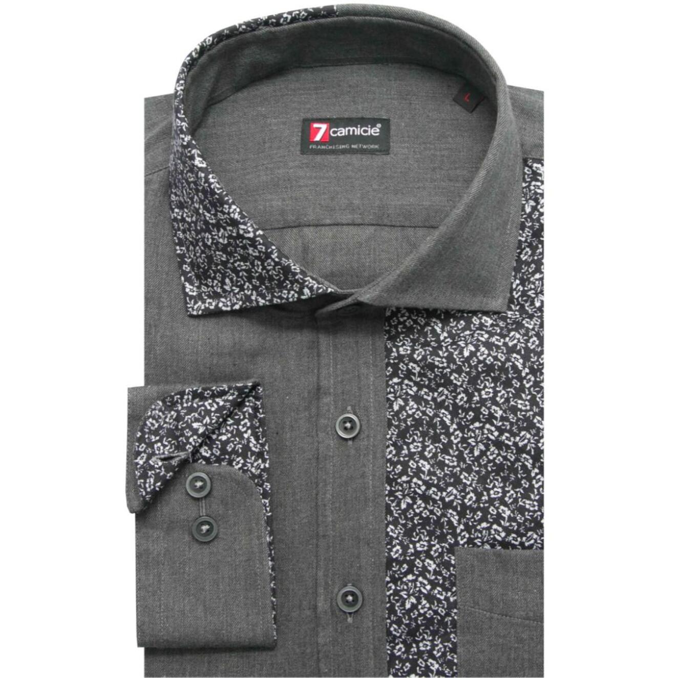 Camicia Uomo 1 Bottone Morbido Taschino Flanella Unita Grigio Scuro