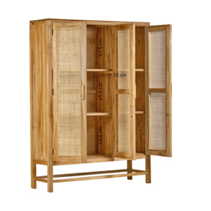 Armoire haute 3 portes en rotin et bois massif de teck - LINA