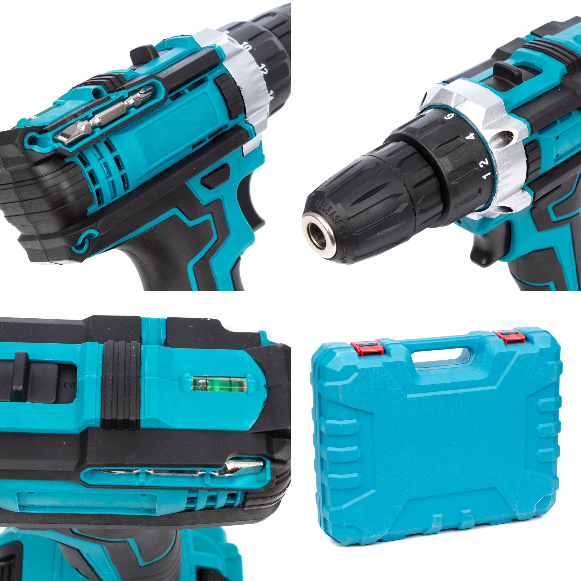 Taladro eléctrico inalámbrico 21V con doble velocidad, 45NM, maletín de transporte y 121 accesorios. 2 baterías de 6500 mAh.