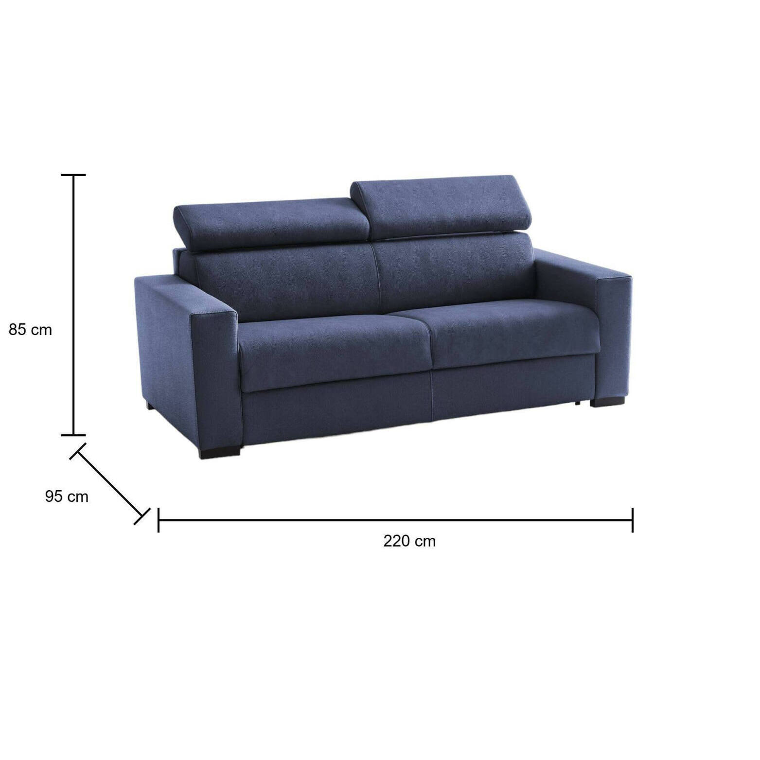 Divano Letto Aiko, Divano a 3 posti, 100% Made in Italy, Sofà Soggiorno con apertura girevole, con poggiatesta regolabili e Braccioli standard, Cm 220x95h85, Blu