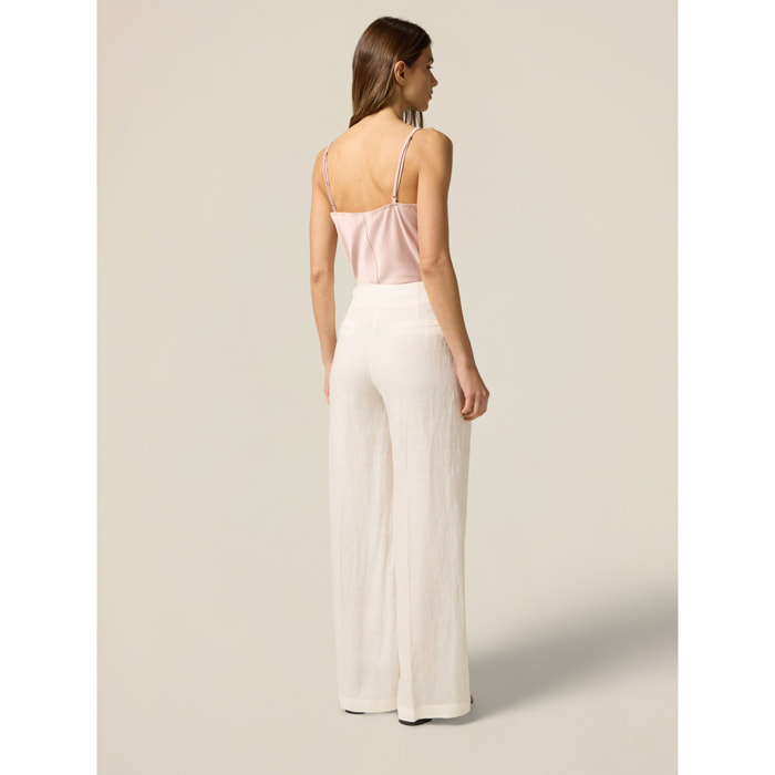 Oltre - Pantalones palazzo 100% lino - Blanco