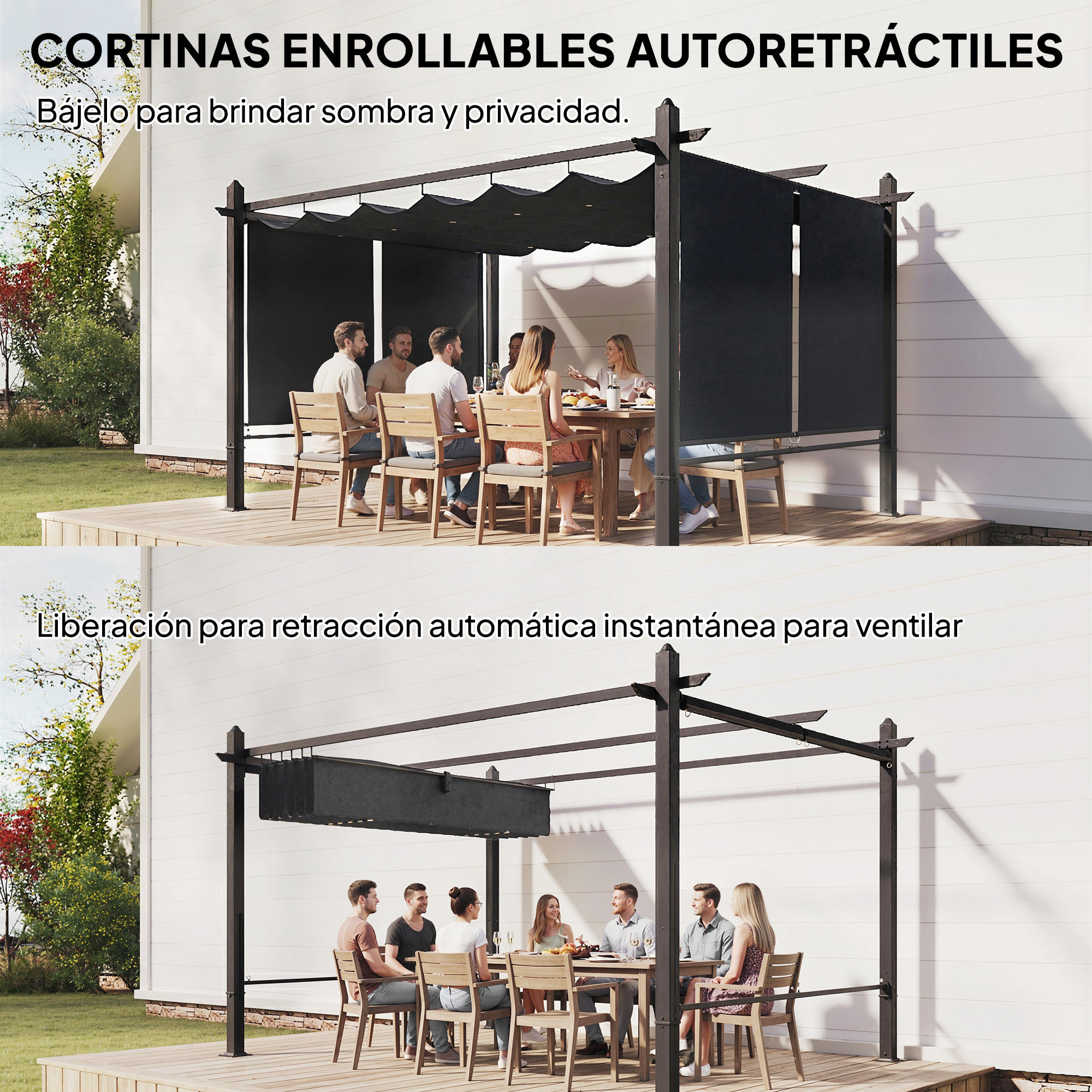 Pérgola de Jardín 4x3 m con Techo Retráctil y 4 Cortinas Enrollables Automáticas, Cenador de Jardín con Protección UV50+, Estructura de Aluminio, Drenaje, Pabellón para Exterior, Gris Oscuro