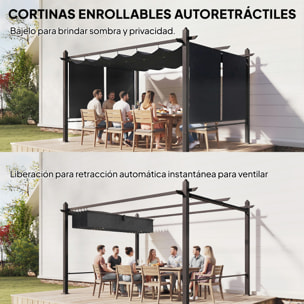 Pérgola de Jardín 4x3 m con Techo Retráctil y 4 Cortinas Enrollables Automáticas, Cenador de Jardín con Protección UV50+, Estructura de Aluminio, Drenaje, Pabellón para Exterior, Gris Oscuro