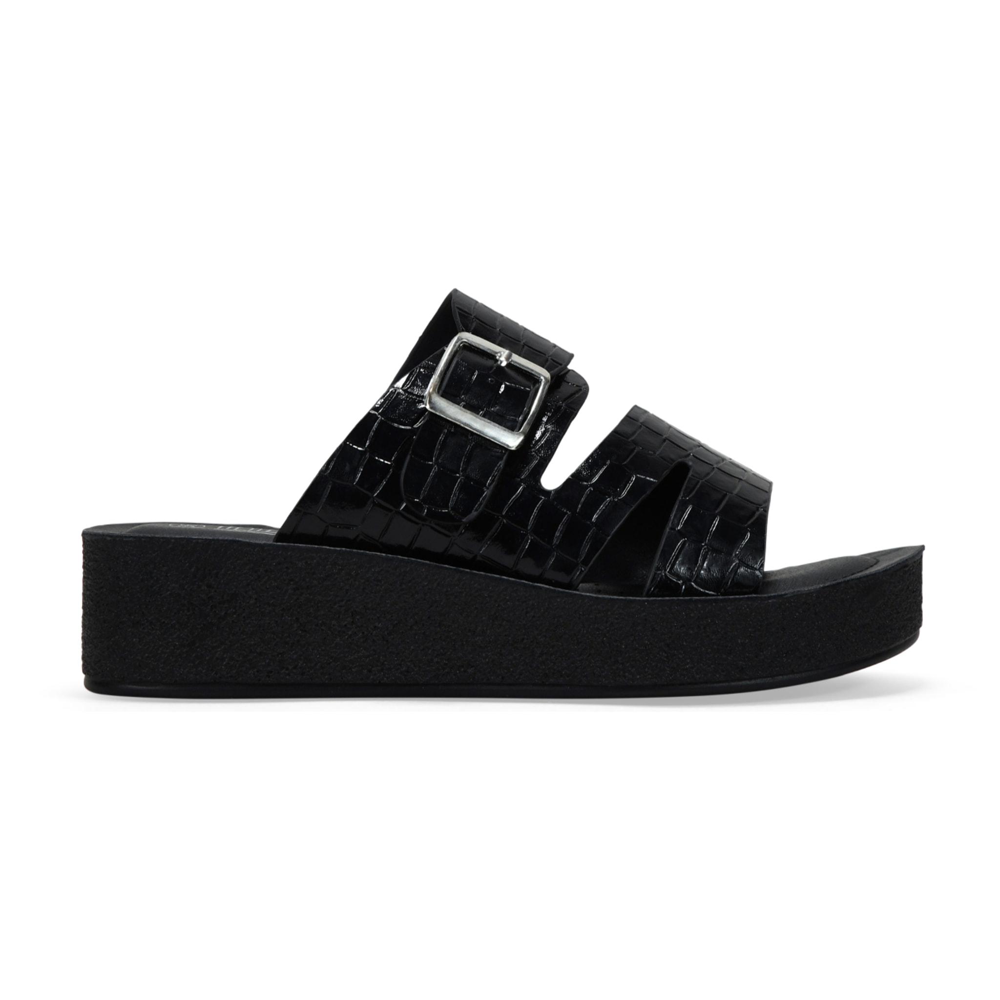 Sandalias de cuña negras efecto cocodrilo con hebilla