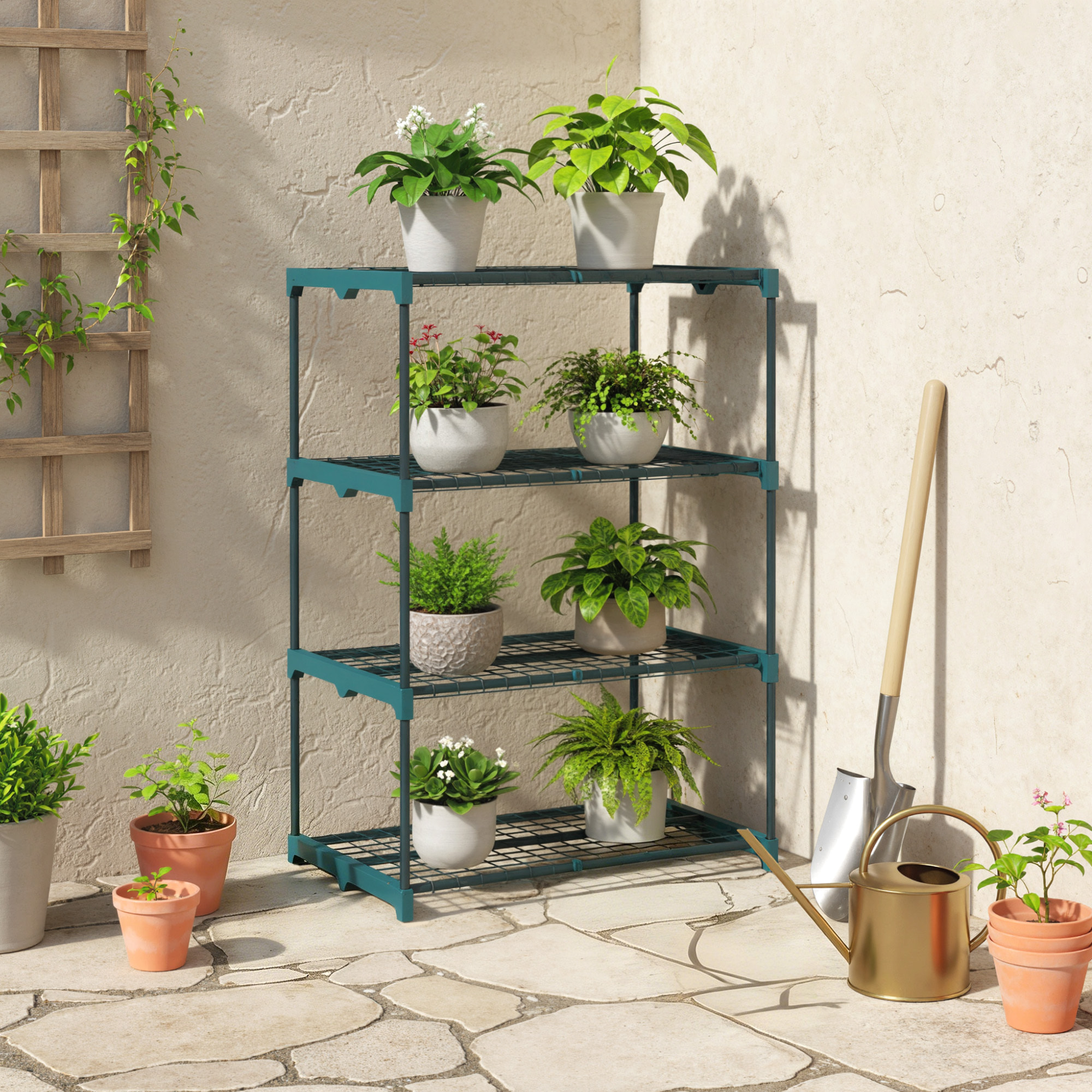 Soporte para Plantas de 4 Niveles, Estantería para Plantas de Acero, Estantes de Rejilla, Soporte para Macetas, Interior y Exterior, 67x49x105 cm, Verde Oscuro