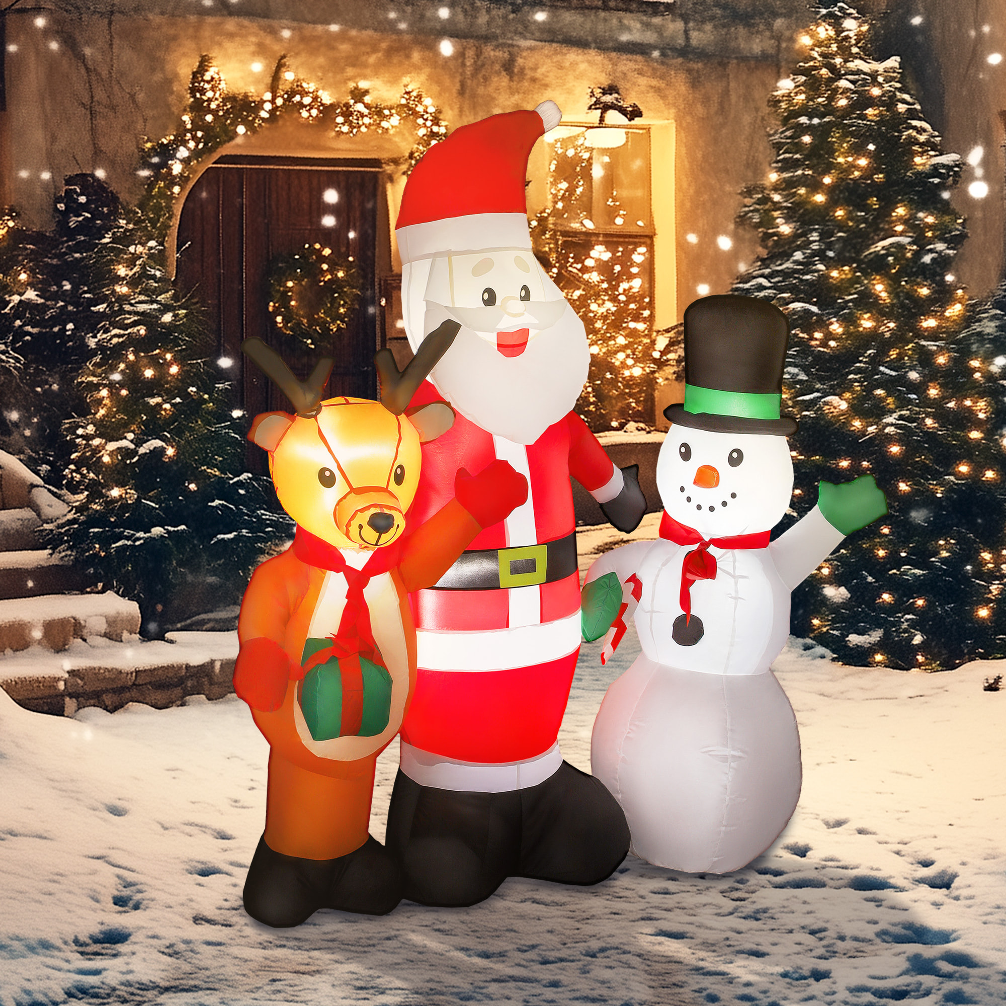 Papá Noel Inflable 150 cm con Reno y Muñeco de Nieve Decoración de Navidad Inflable con Luces LED Inflador Eléctrico para Exterior Jardín Césped