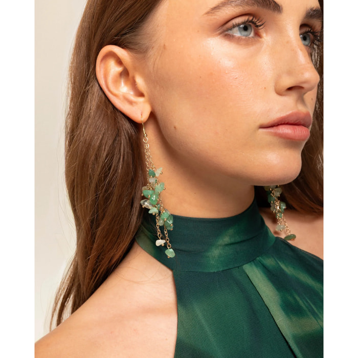 Pendientes de mujer de acero con doble cadena y piedras