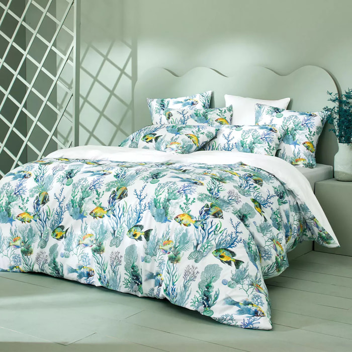 Lot h.couette +taies percale de coton imprimé blanc bleu Naia blanc