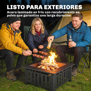 Brasero Exterior de Acero Cuadrado, 67x67x47 cm, Brasero Exterior Jardín con Atizador, Tapa de Malla, para Terraza, Camping, Fiesta, Negro