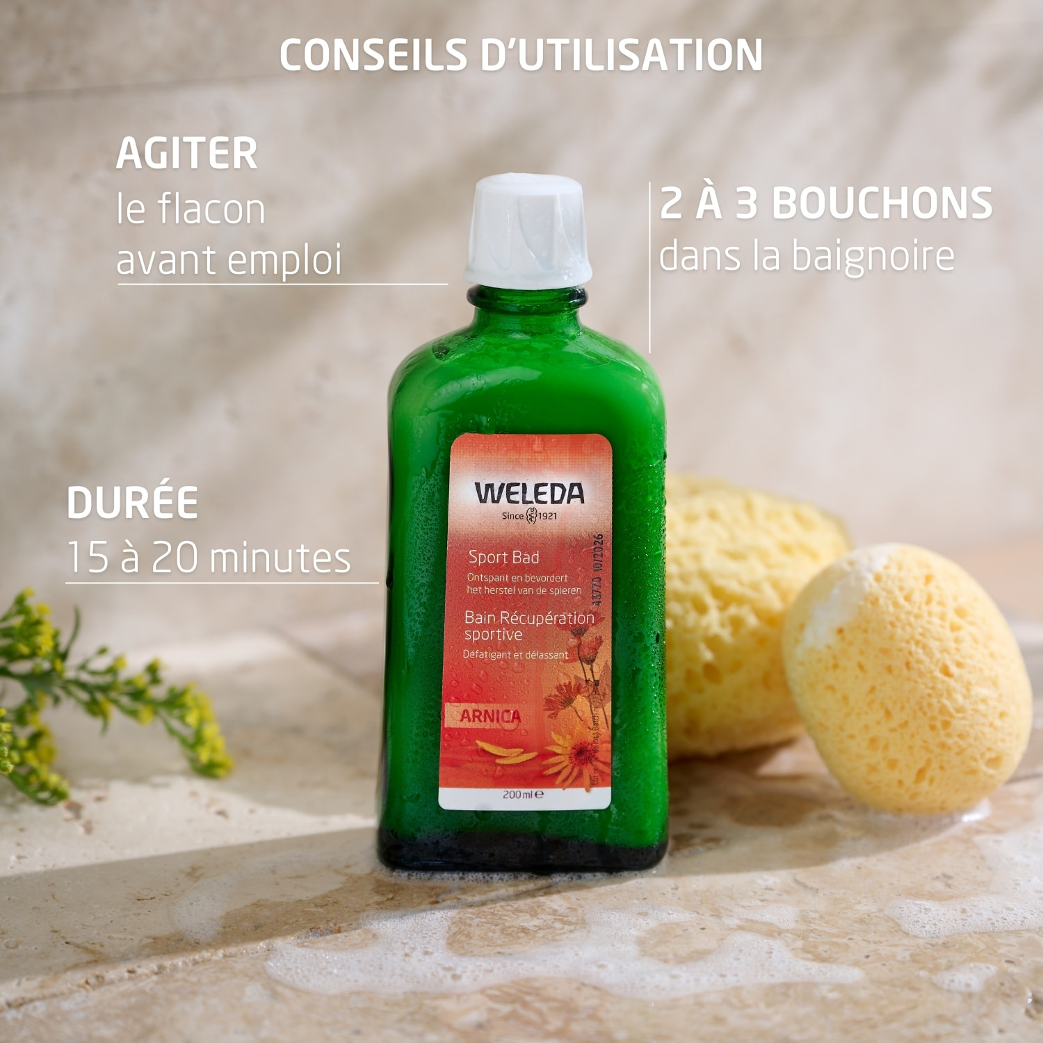 WELEDA - Duo Instant Cocooning - Bain Récupération Sportive + Baume Massage Arnica - Vegan*- Certifié Natrue**- Flacon verre 200ml + Pot verre 150ml
