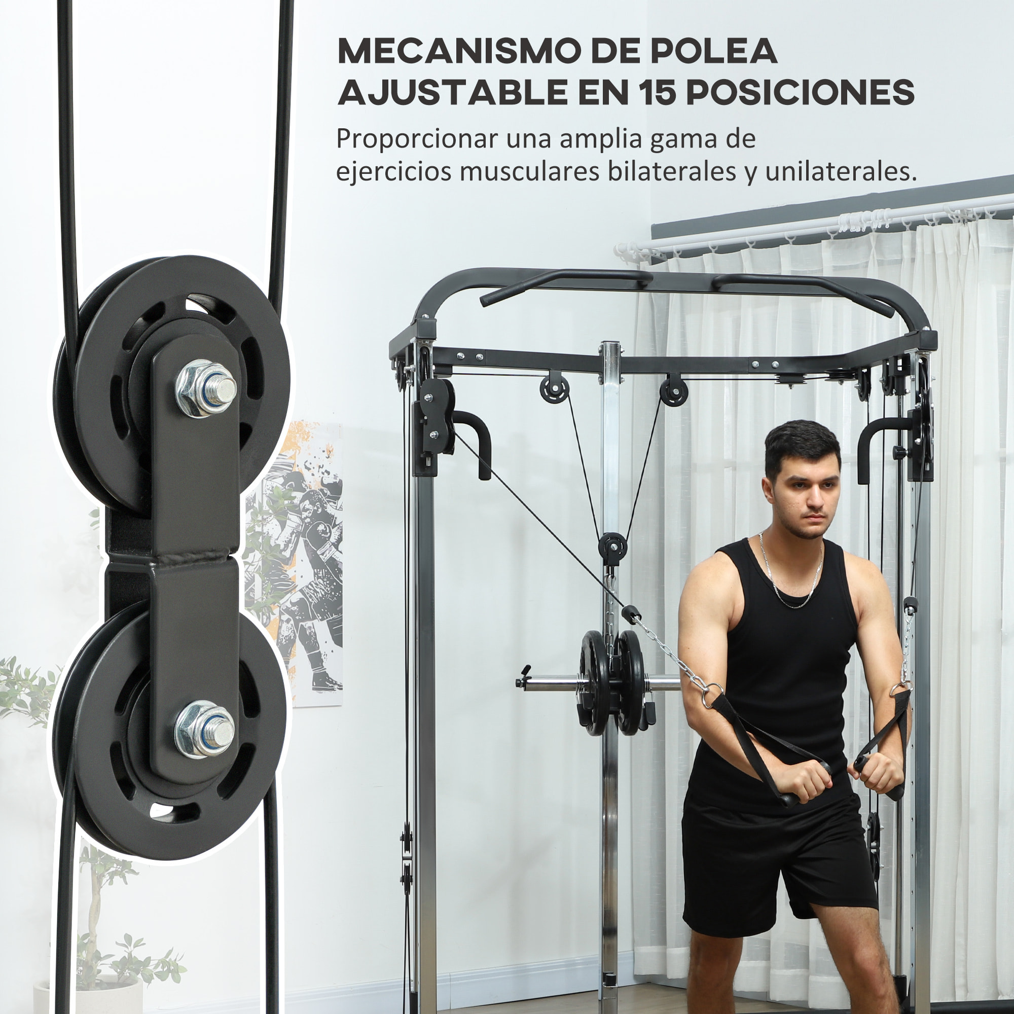 Smith Machine Multiestación de Musculación Máquina Multifunción de Musculación con Soporte para Sentadillas y Barra para Pesas para Entrenamiento Fitness en Hogar Negro