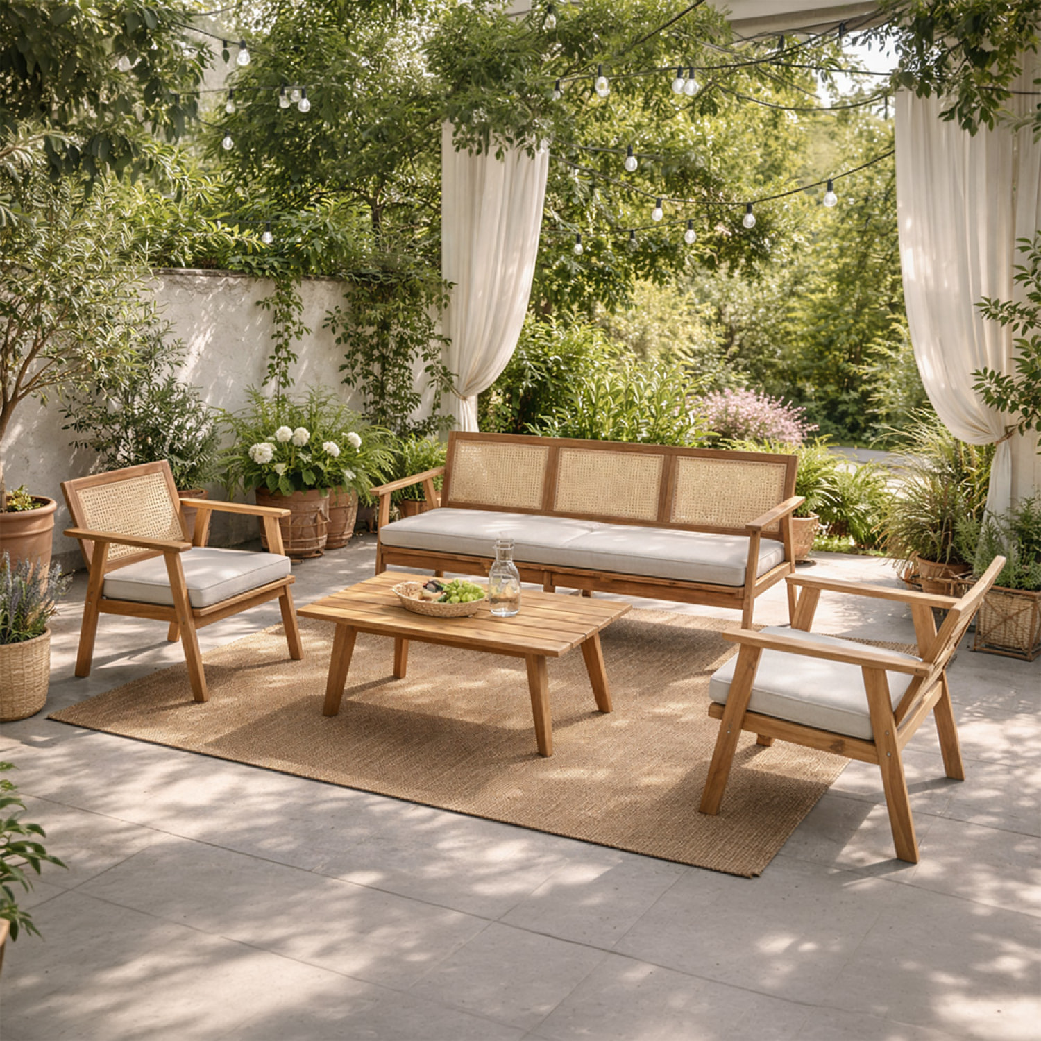 Salon de jardin 5 places en bois d’acacia et cannage HOA