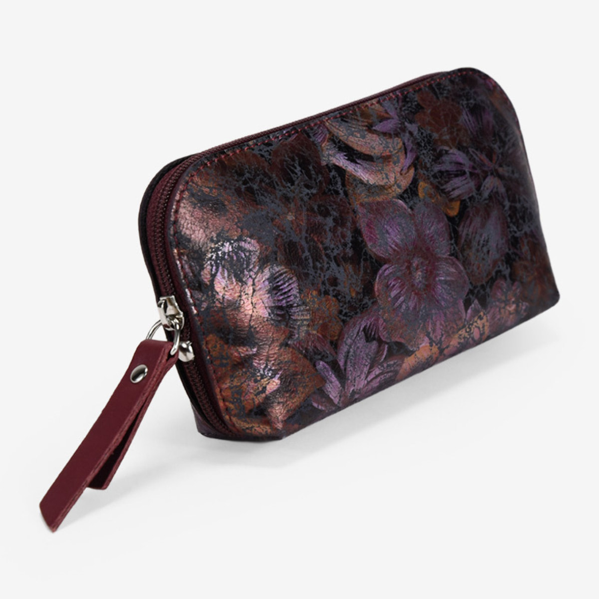 Monedero burdeos en piel con estampado floral
