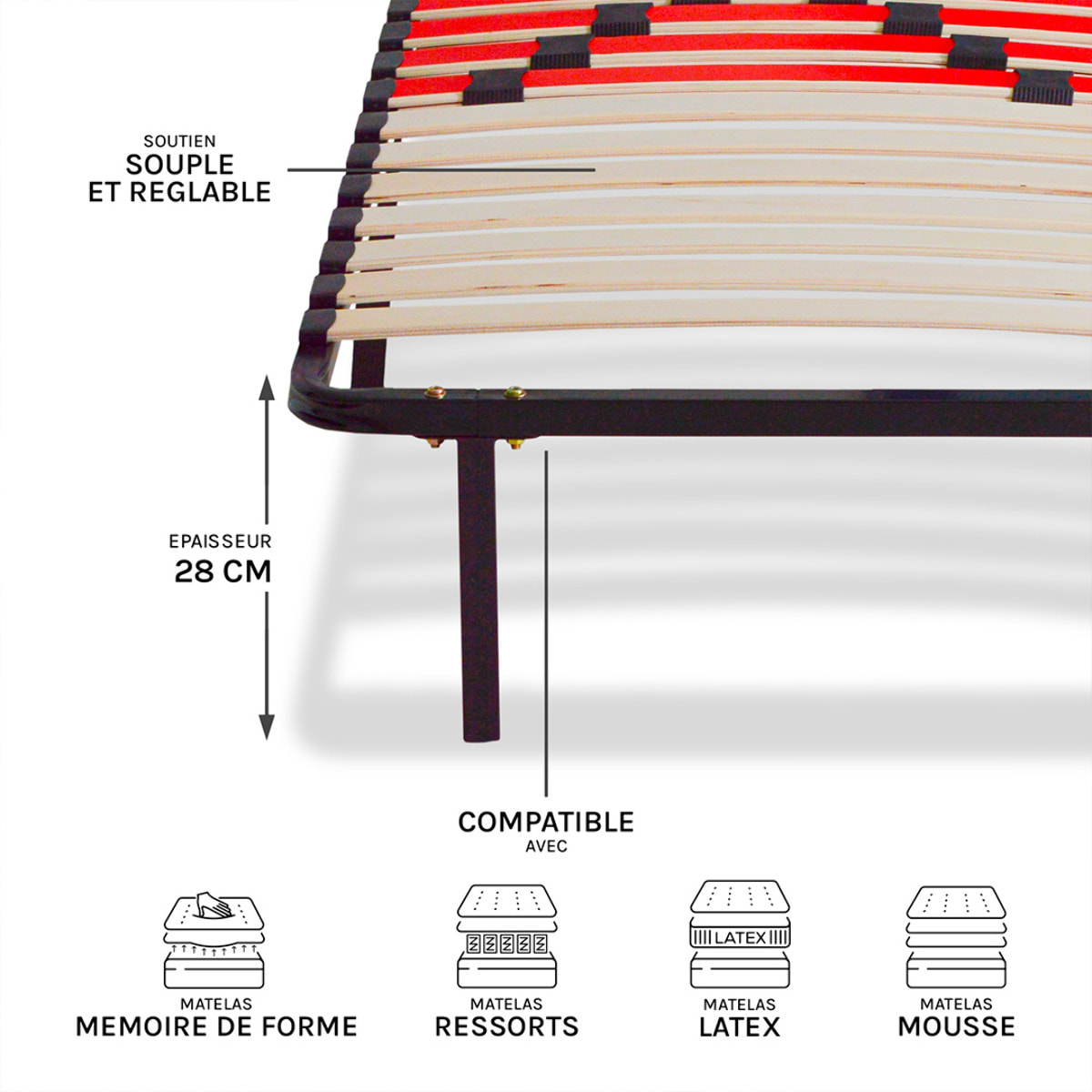 Kit cadre à lattes | 1 Place |morphologique | 3 zones de confort - 1 place