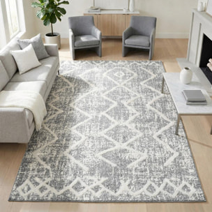 Tapis Ceso en relief dessin géométrique, couleur gris et blanc