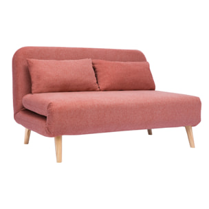 Chauffeuse 2 places convertible en tissu effet velours texturé terracotta et bois clair AMIKO
