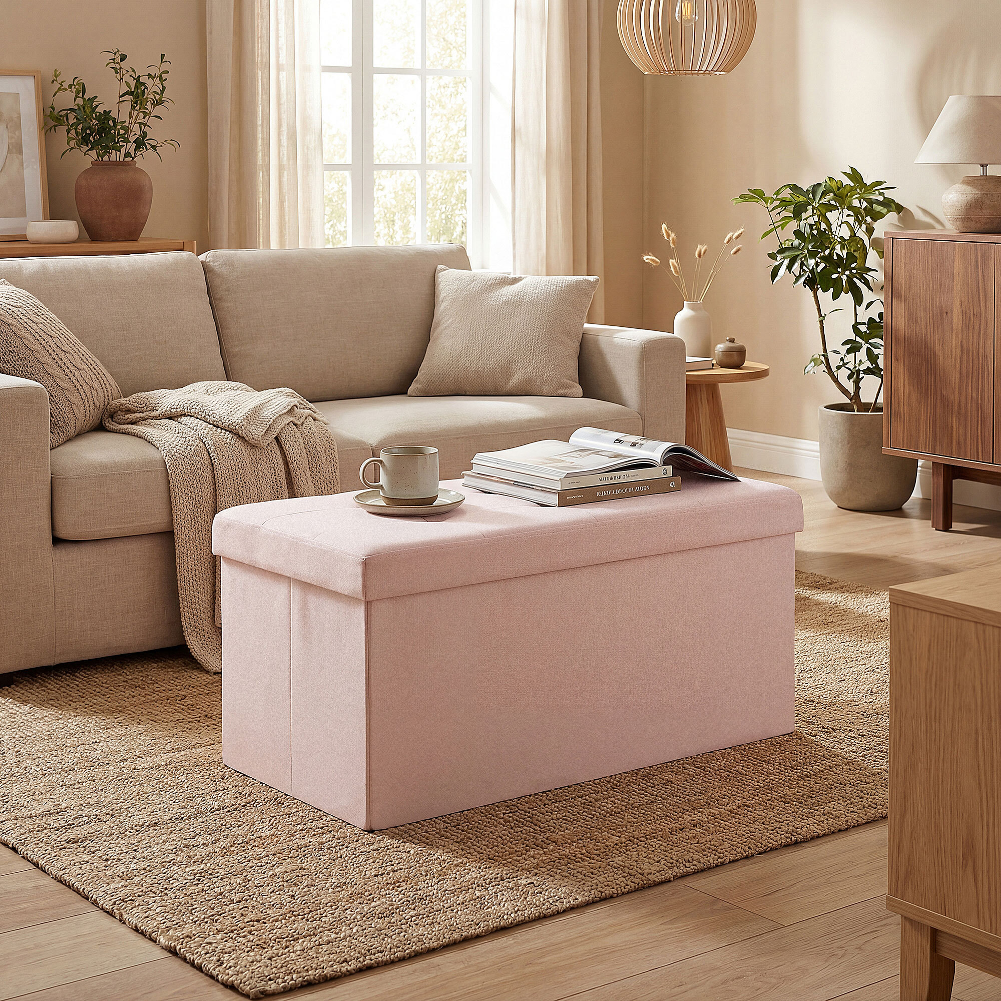 Puff Almacenaje, Banco Almacenaje Plegable, 84 L, 76x38x38 cm, Tapizado en Lino Sintético, Baúl de Almacenamiento, Carga 120 kg, Taburete para Sala de Estar, Dormitorio, Entrada, Rosa